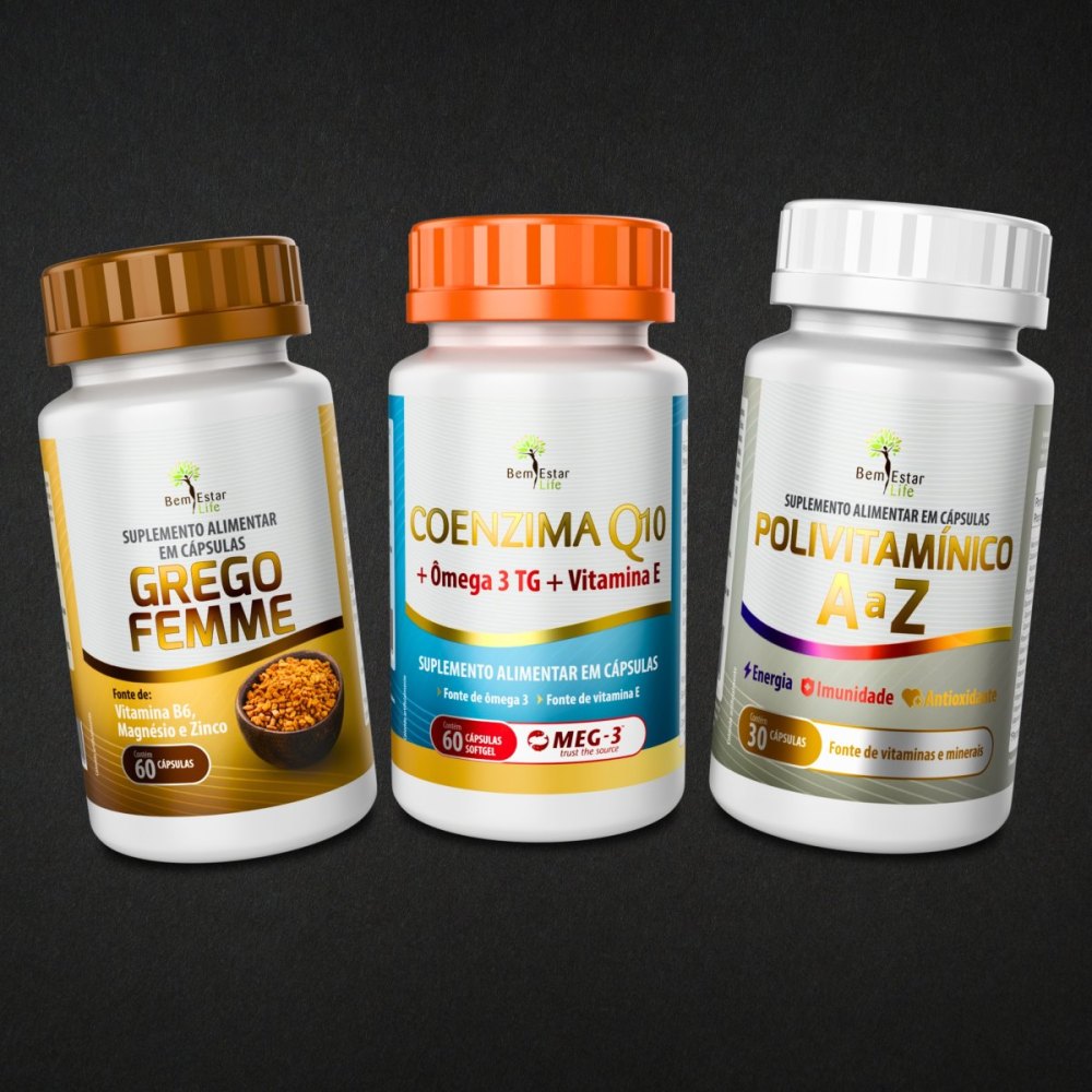 KIT LANÇAMENTO COENZIMA Q10+GREGO FEMME BRINDE POLI VITAMINICO KIT LANÇAMENTO COENZIMA Q10+GREGO FEMME BRINDE POLI VITAMINICO