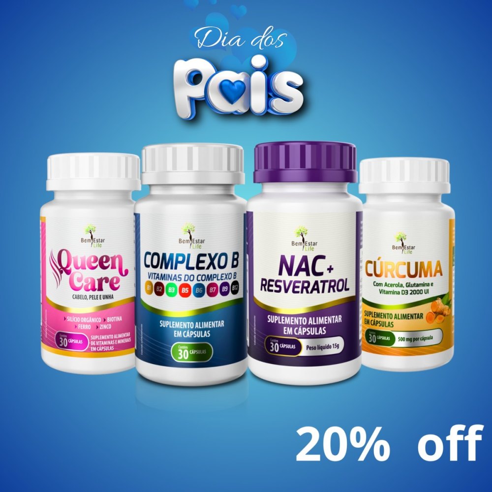  Descrição .  KIT CANETA: COMPLEXO B 30 CAPS. - CURCUMA 30 CAPS - QUEEN CARE 30 CAPS (CABELO E UNHA) - NAC + RESVERATROL 30 CAPS.