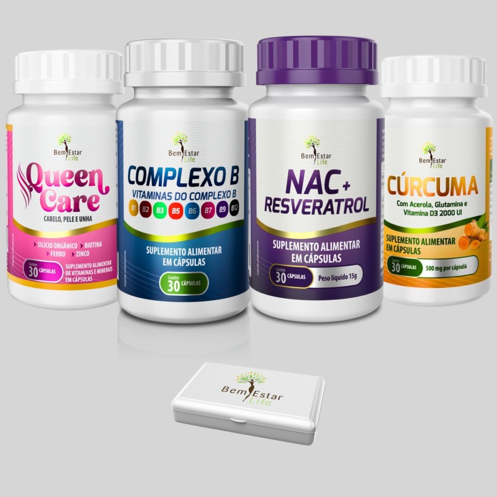  Descrição .  KIT CANETA: COMPLEXO B 30 CAPS. - CURCUMA 30 CAPS - QUEEN CARE 30 CAPS (CABELO E UNHA) - NAC + RESVERATROL 30 CAPS.