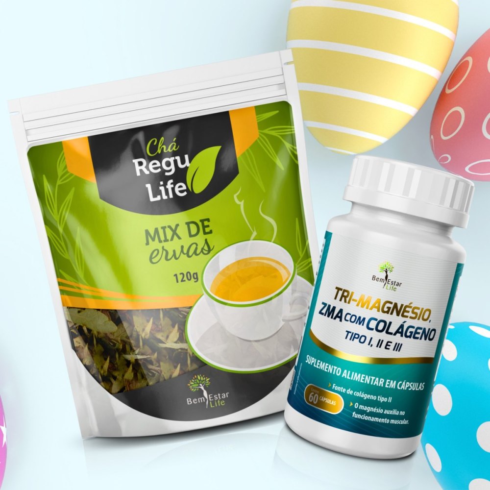  TRI-MAGNESIO C/ COLAGENO 1,2,3, 60 CAPSULAS - BRINDE CHA REGU LIFE PACOTE 120 GR.
